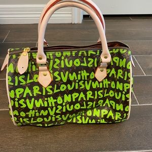 Brown and lime green purse.